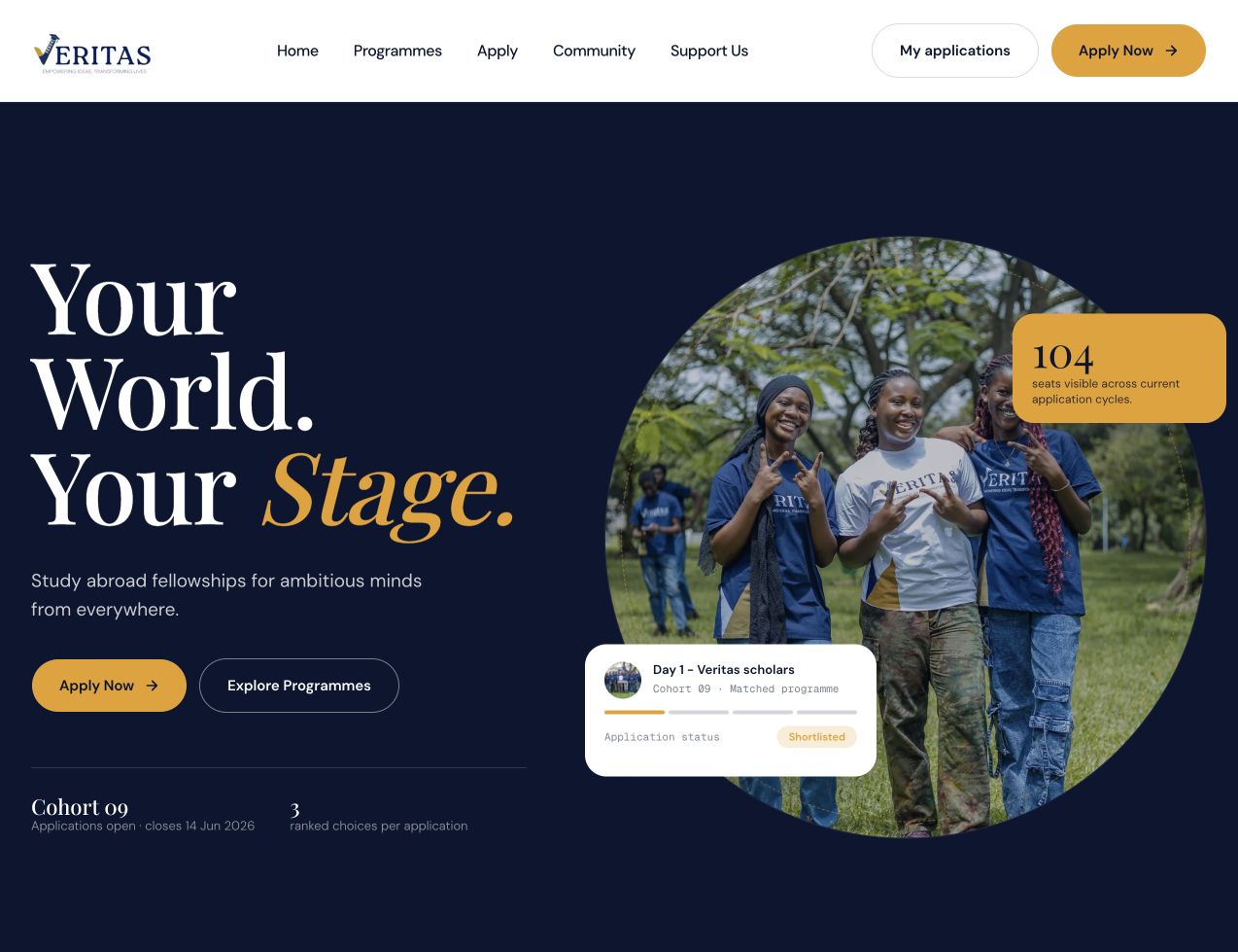Veritas Surge fellowship homepage showing scholars and application details